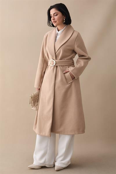 Şal Yaka Gold Kemerli Sütlü Kahve Kaşe Kaban