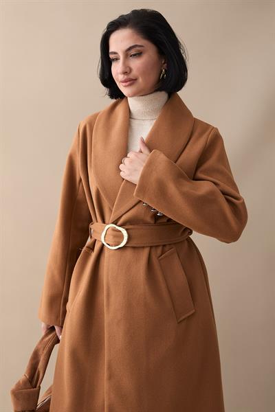 Şal Yaka Gold Kemerli Taba Kaşe Kaban