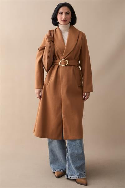 Şal Yaka Gold Kemerli Taba Kaşe Kaban