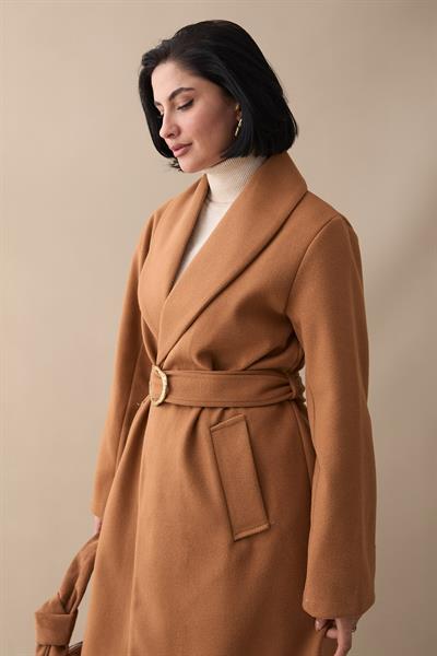 Şal Yaka Gold Kemerli Taba Kaşe Kaban