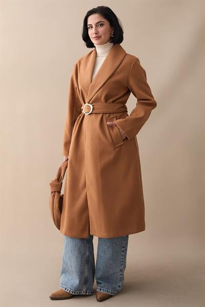 Şal Yaka Gold Kemerli Taba Kaşe Kaban