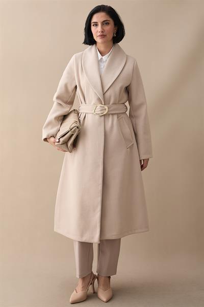 Şal Yaka Gold Kemerli Taş Kaşe Kaban