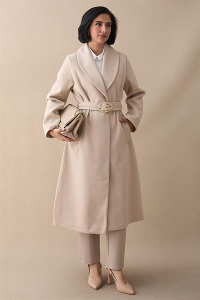 Şal Yaka Gold Kemerli Taş Kaşe Kaban