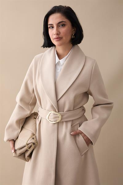 Şal Yaka Gold Kemerli Taş Kaşe Kaban