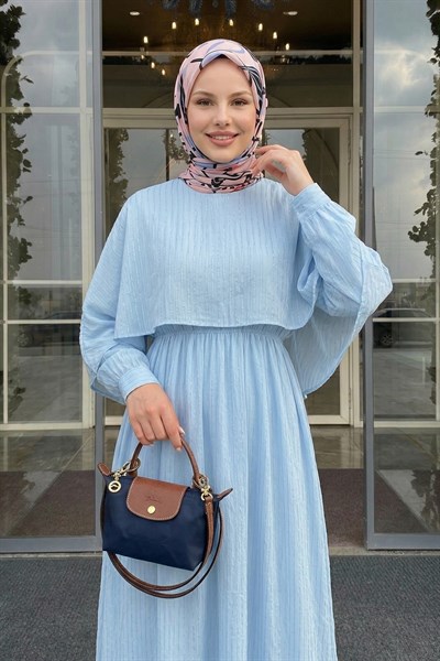 Şal Yaka Beli Büzgülü Bebe Mavisi Elbise