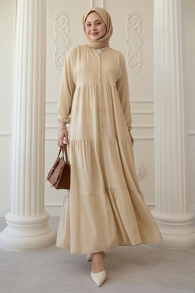 Salaş Düğmeli Kaş Bej Elbise