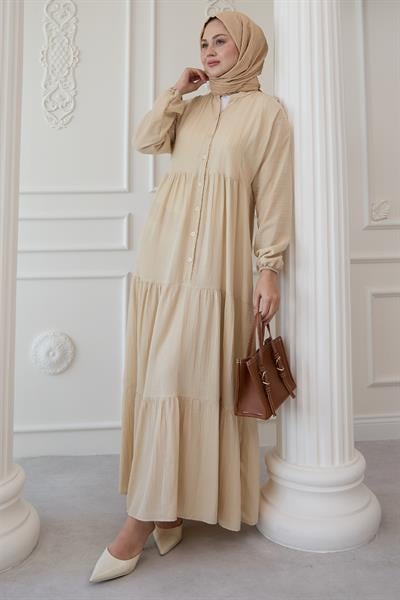 Salaş Düğmeli Kaş Bej Elbise