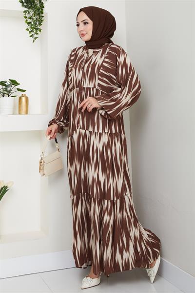 Salaş Fırça Desen Viskon Elbise Kahverengi