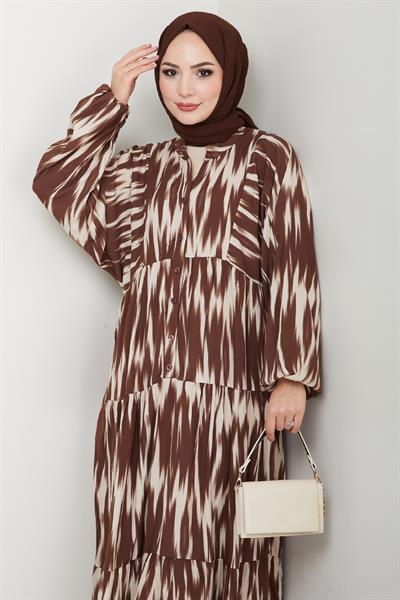 Salaş Fırça Desen Viskon Elbise Kahverengi