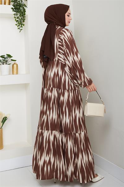 Salaş Fırça Desen Viskon Elbise Kahverengi