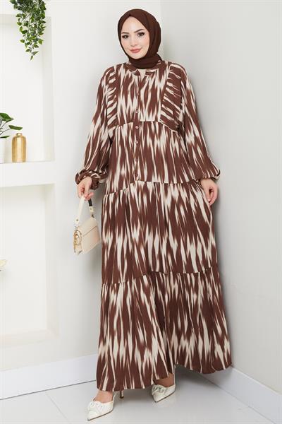 Salaş Fırça Desen Viskon Elbise Kahverengi