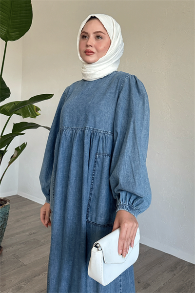 Salaş Kol Büyük Cepli Mavi Kot Elbise