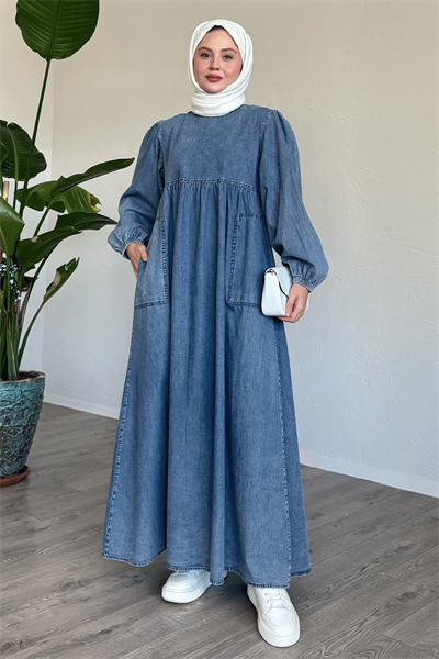 Salaş Kol Büyük Cepli Mavi Kot Elbise
