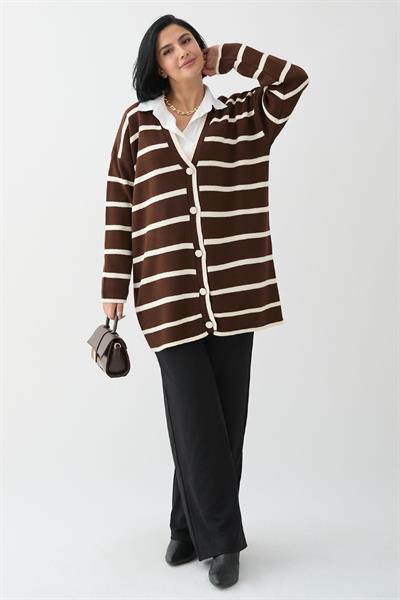 Salaş Şeritli Acı Kahve Triko Hırka