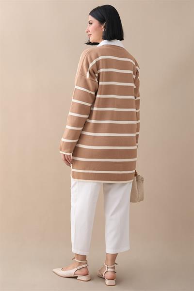Salaş Şeritli Camel Triko Hırka
