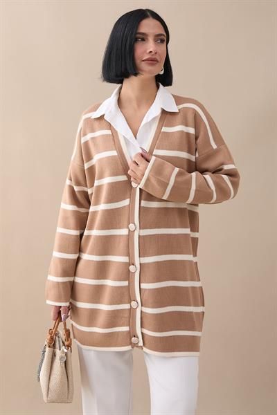 Salaş Şeritli Camel Triko Hırka