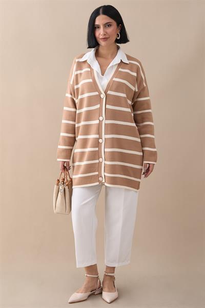 Salaş Şeritli Camel Triko Hırka