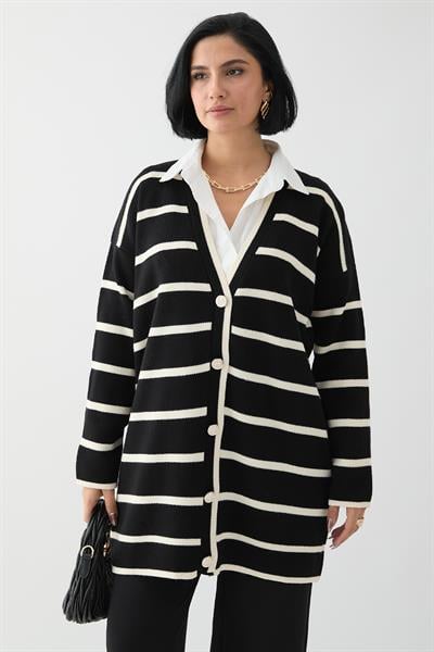 Salaş Şeritli Siyah Triko Hırka