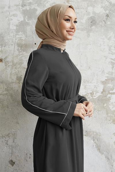 Salvia Salaş Kol Biye Desenli Antrasit Ferace