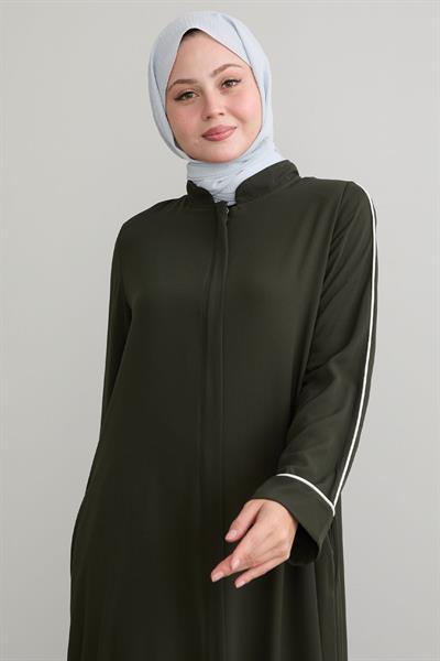 Salvia Salaş Kol Biye Desenli Haki Ferace