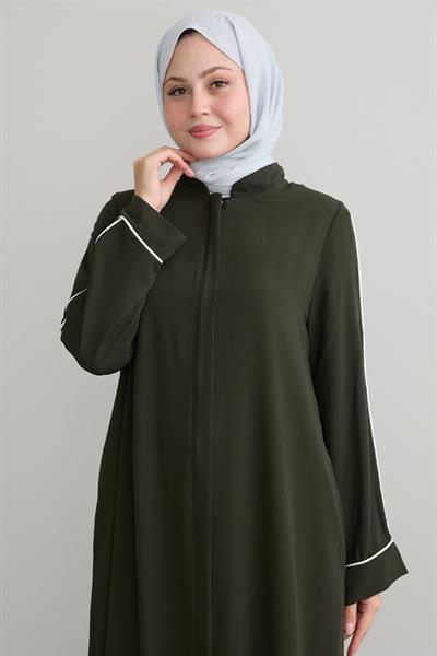 Salvia Salaş Kol Biye Desenli Haki Ferace