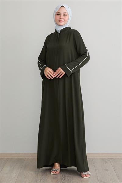 Salvia Salaş Kol Biye Desenli Haki Ferace