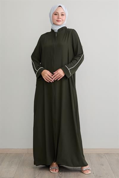 Salvia Salaş Kol Biye Desenli Haki Ferace