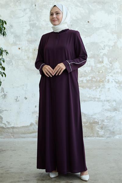 Salvia Salaş Kol Biye Desenli Mürdüm Ferace