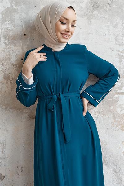 Salvia Salaş Kol Biye Desenli Petrol Mavisi Ferace