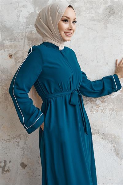 Salvia Salaş Kol Biye Desenli Petrol Mavisi Ferace