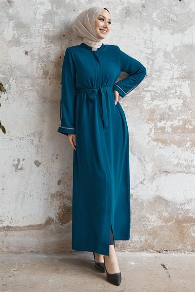 Salvia Salaş Kol Biye Desenli Petrol Mavisi Ferace