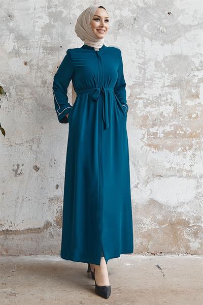 Salvia Salaş Kol Biye Desenli Petrol Mavisi Ferace