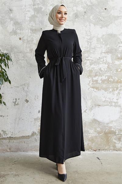 Salvia Salaş Kol Biye Desenli Siyah Ferace