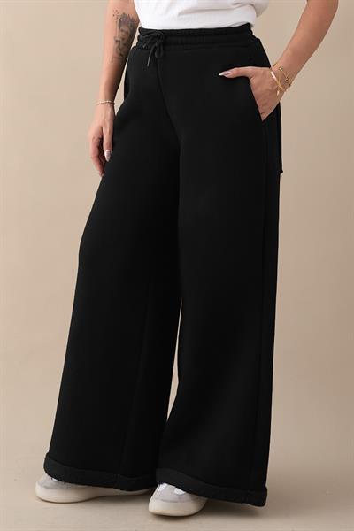 Şardonlu Bol Paça Siyah Eşofman Altı