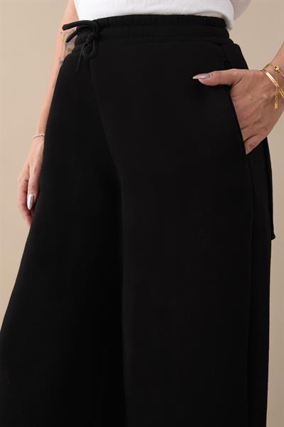 Şardonlu Bol Paça Siyah Eşofman Altı