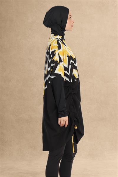 Sarı Şerit Desen Siyah Tesettür Mayo 6217A