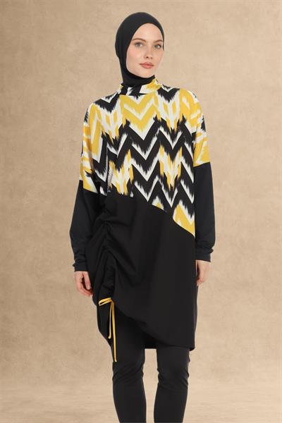 Sarı Şerit Desen Siyah Tesettür Mayo 6217A