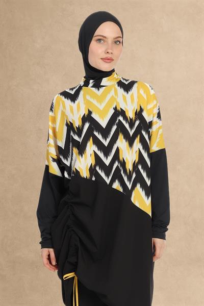 Sarı Şerit Desen Siyah Tesettür Mayo 6217A