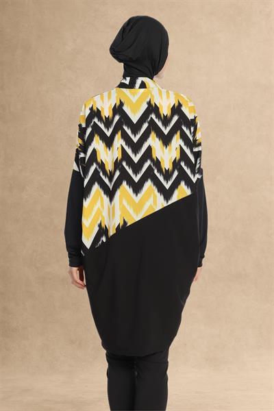 Sarı Şerit Desen Siyah Tesettür Mayo 6217A