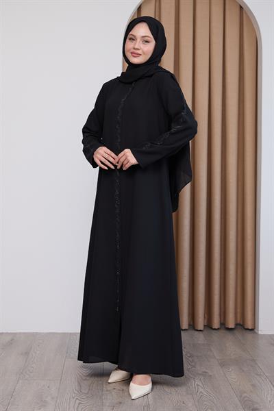 Sarmal Taş Desenli Siyah Ferace