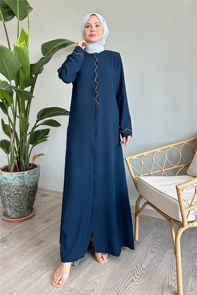 Sarmal Taş Detaylı Petek Açık Lacivert Ferace