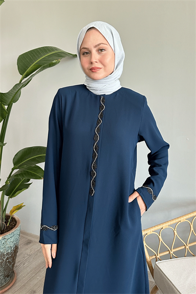 Sarmal Taş Detaylı Petek Açık Lacivert Ferace