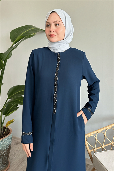 Sarmal Taş Detaylı Petek Açık Lacivert Ferace