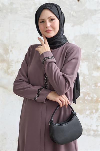 Sarmal Taş Detaylı Petek Gül Kurusu Ferace