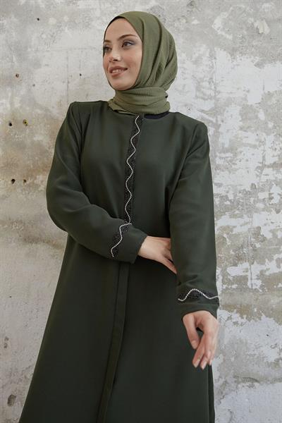 Sarmal Taş Detaylı Petek Haki Ferace