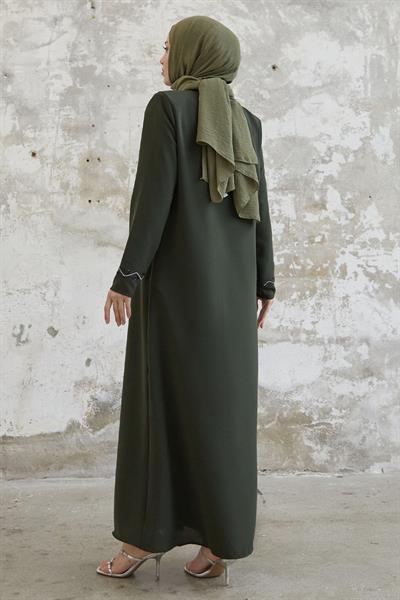 Sarmal Taş Detaylı Petek Haki Ferace