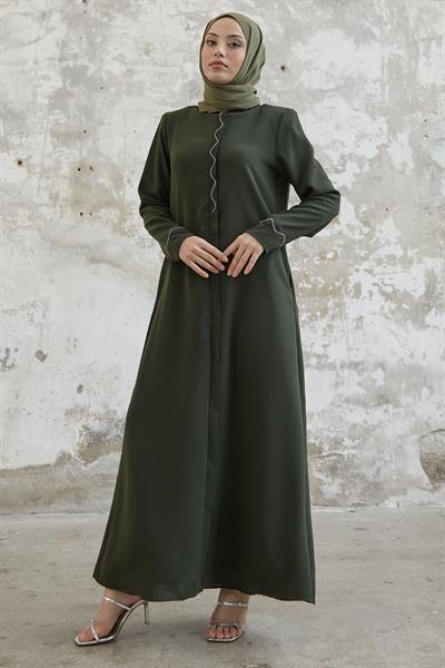 Sarmal Taş Detaylı Petek Haki Ferace