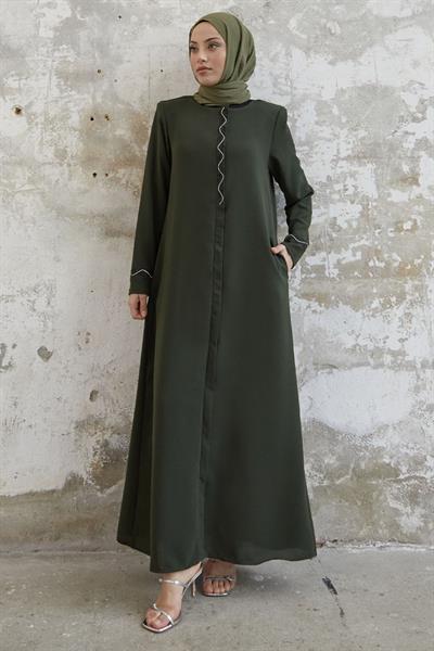Sarmal Taş Detaylı Petek Haki Ferace