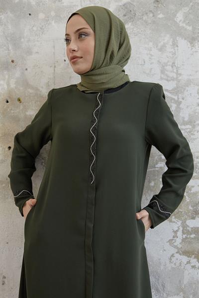 Sarmal Taş Detaylı Petek Haki Ferace