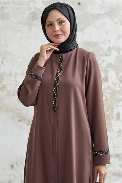 Sarmal Taş Detaylı Petek Kahverengi Ferace